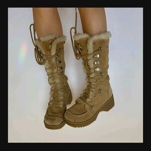 Y2K Report Icon Womens Lace-UpTan Suede Boots Faux Fur Size 8